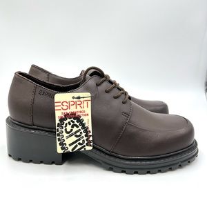 Vintage Esprit Brown Leather Chunky Y2K Block Heel Lug‎ Sole Loafers Shoes 9.5
